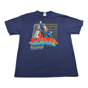 Vintage Superman Shirt Adult LARGE Blue Tower of Power Six Flags Theme Park Y2K